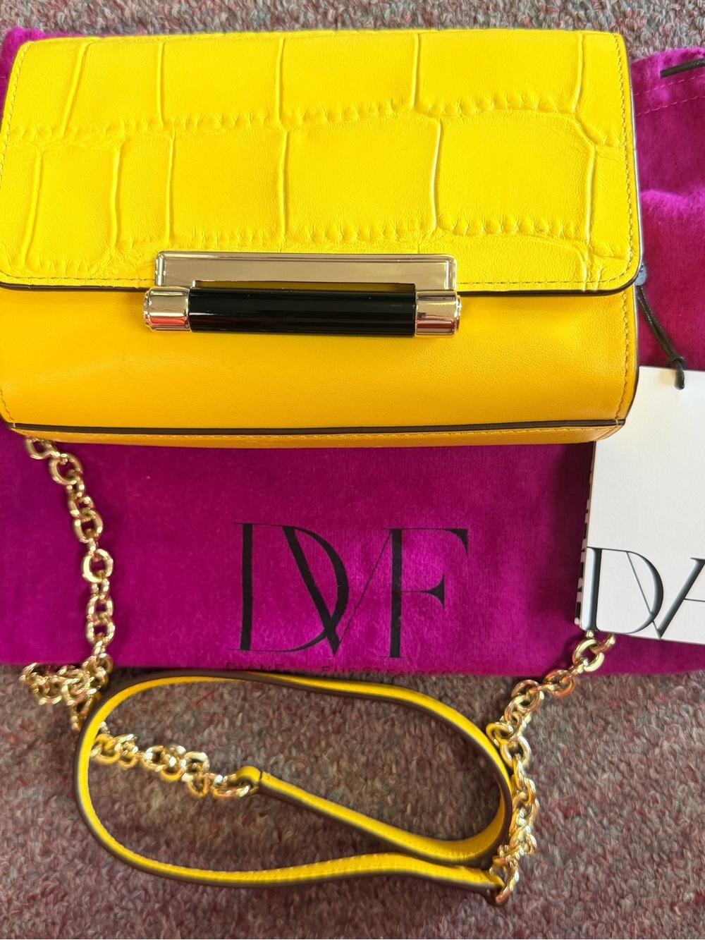 Diane Von Furstenberg Bright Yellow Croc-Embossed Chain Crossbody